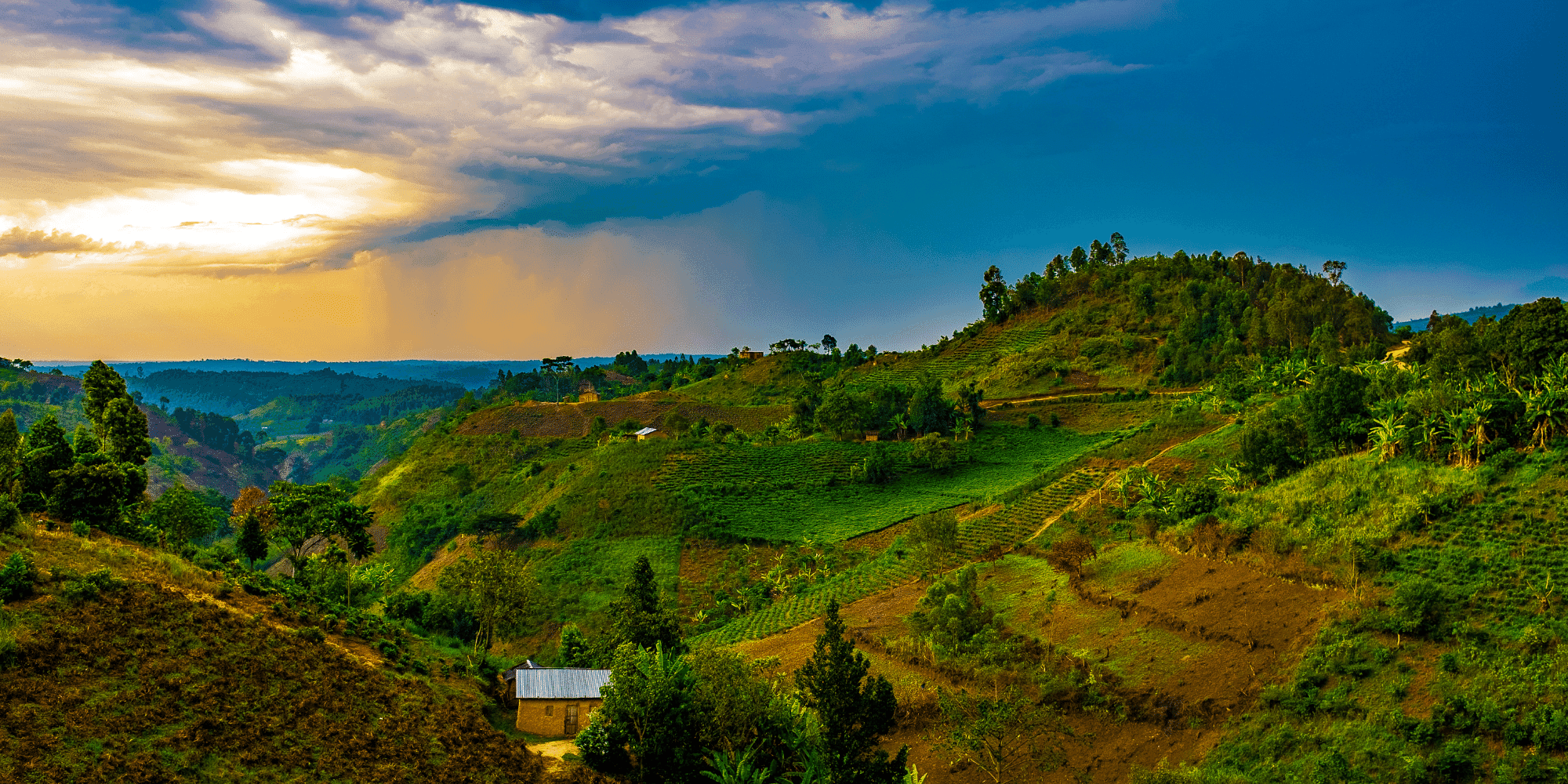 Rwanda landscape with traditional buildings